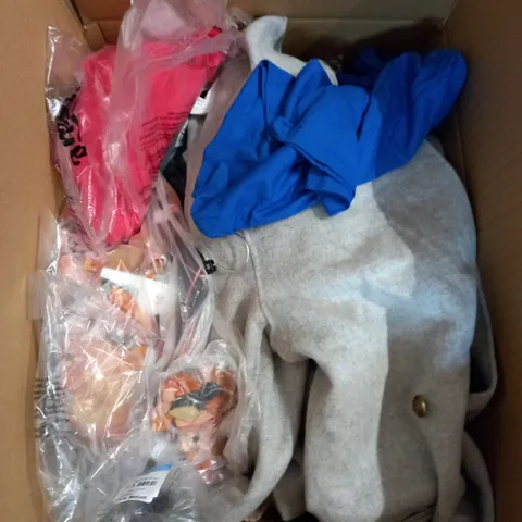 BOX OF ASSORTED CLOTHING ITEMS TOO INCLUDE DRESSES , SHIRTS AND TROUSERS IN VARIOUS SIZES AND COLOURS