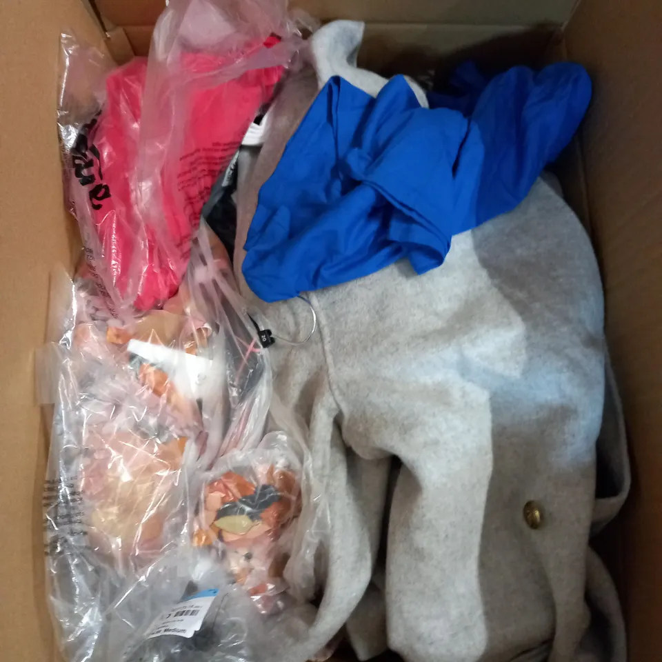  BOX OF ASSORTED CLOTHING ITEMS TOO INCLUDE DRESSES , SHIRTS AND TROUSERS IN VARIOUS SIZES AND COLOURS   