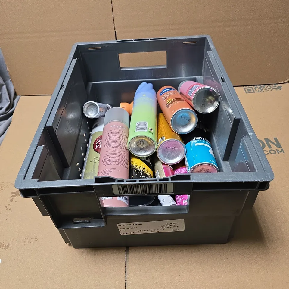 TOTE OF APPROXIMATELY 12 ASSORTED AEROSOL PRODUCTS TO INCLUDE BOOTS DRY SHAMPOO, VASELINE COCOA RADIANT BODY LOTION, THE RITUAL OF MEHR SHOWER GEL, DAISE COCONUT WHIP ETC