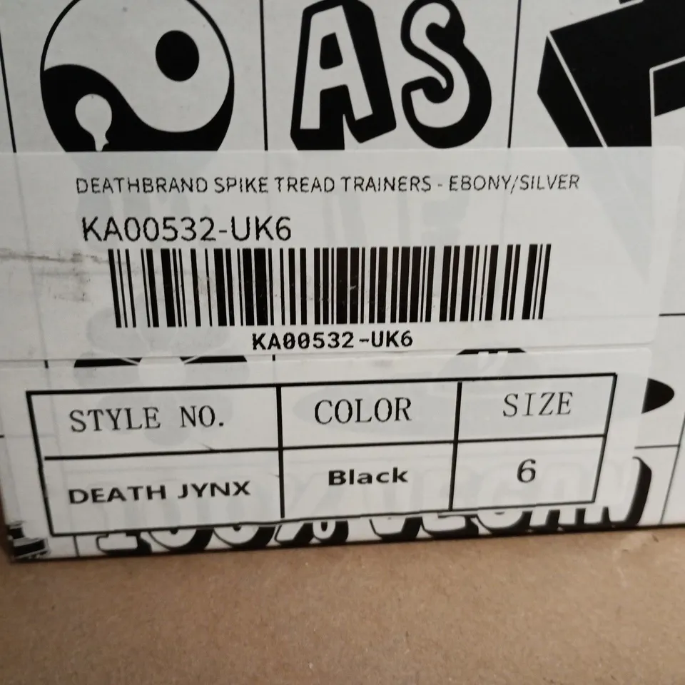 BOXED KOI DEATH BRAND SPIKE TREAD TRAINERS – EBONY/SILVER, UK SIZE 6