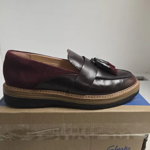 BOXED PAIR OF CLARKS ZYLAH MAY BLACK LEATHER TASSEL LOAFERS – WOMEN'S, UK 6 