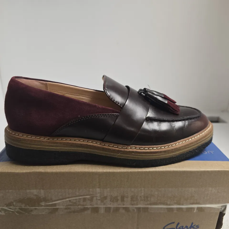 BOXED PAIR OF CLARKS ZYLAH MAY BLACK LEATHER TASSEL LOAFERS – WOMEN'S, UK 6 