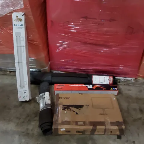 PALLET OF ASSORTED ITEMS INCLUDING: LAMINATE CUTTER, RETRACTABLE SAFETY GATE, YOGA MAT, TV STAND, DOOR MAT ECT