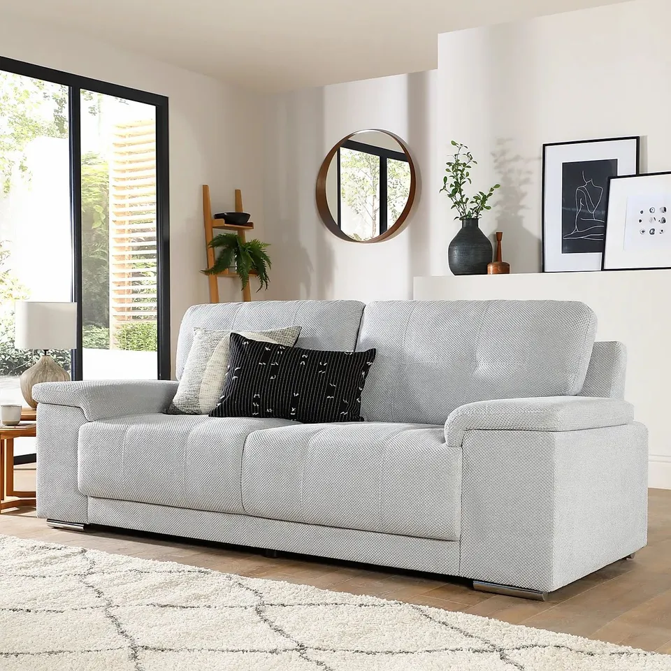 BOXED DESIGNER LIGHT GREY DOTTED CORD FABRIC THREE SEATER SOFA 