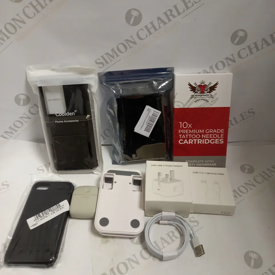 LOT TO CONTAIN APPROX. 20 ASSORTED PHONE ACCESSORIES, INCLUDES CHARGING CABLES & PLUGS, TATTOO SUPPLIES, PHONE CASES, EARPHONES ETC 