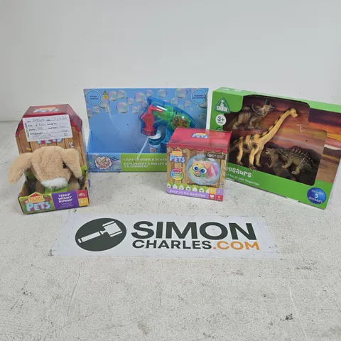 APPROXIMATELY 12 ASSORTED TOYS & GAMES PRODUCTS TO INCLUDE ELC DINOSAURS SET, PITTER PATTER PETS BUSY LITTLE HAMSTER, OUT & ABOUT BUBBLE BLASTER, ETC