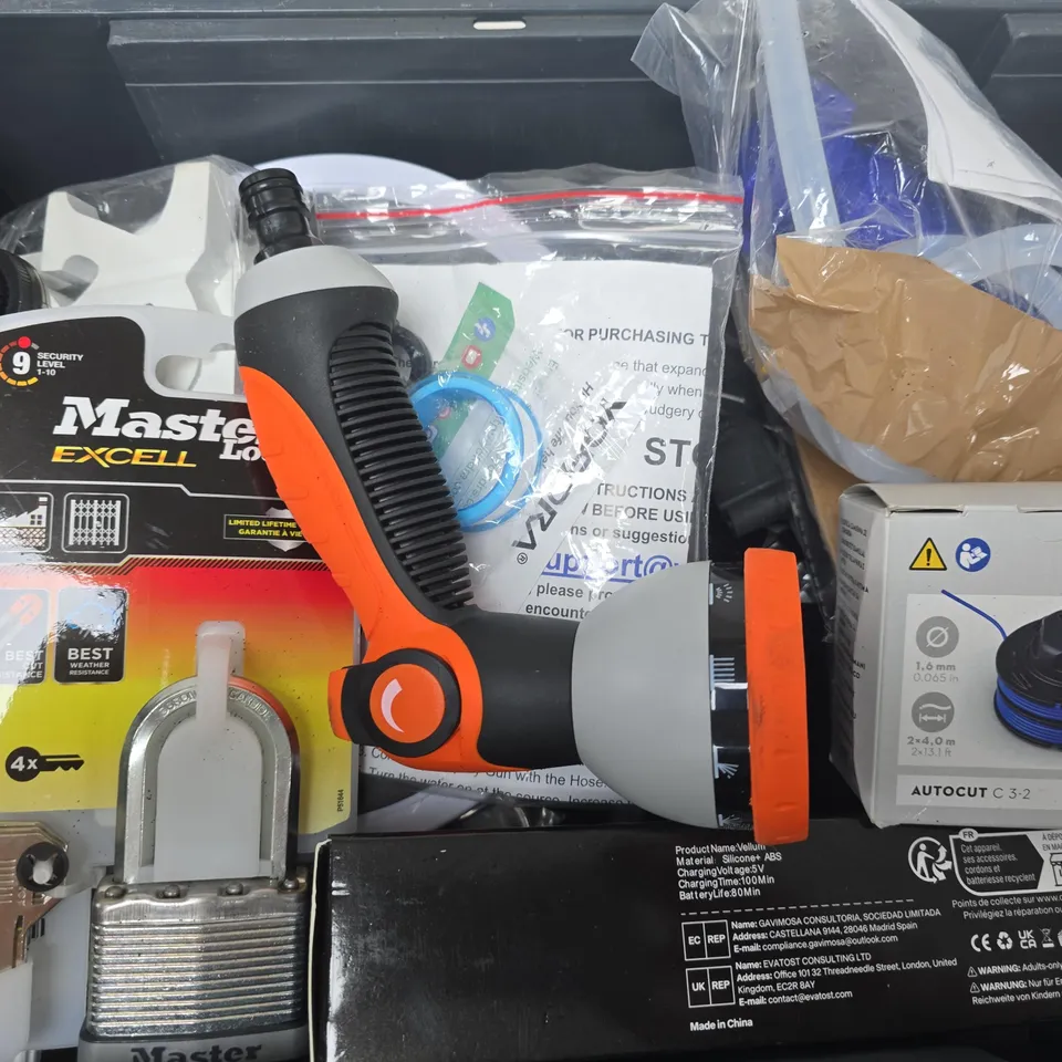 APPROXIMATELY 12 ASSORTED HOUSEHOLD ITEMS TO INCLUDE MASTERLOCK EXCELL, OREGON, GEAR GREASE, HOSE GUN HEAD, ETC