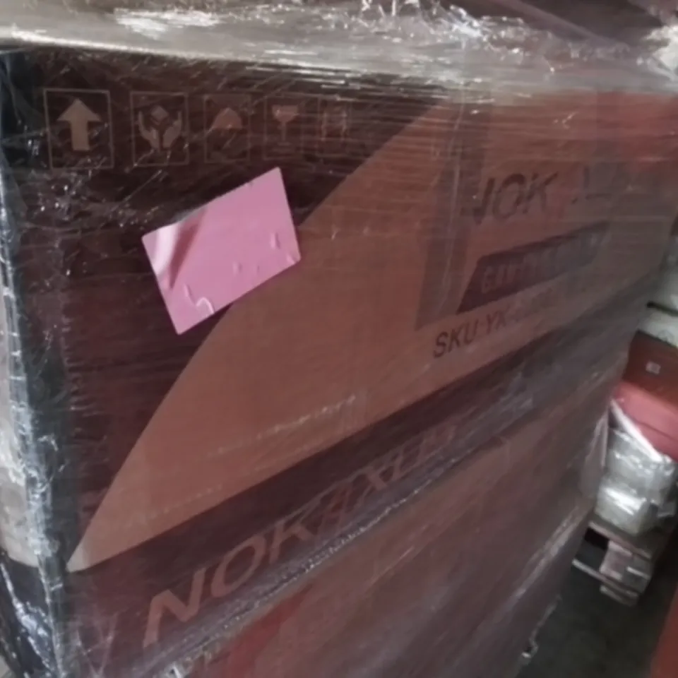 PALLET OF ASSORTED HOUSEHOLD ITEMS TO INCLUDE COMPUTER DESK, BOXED TV UNIT AND GAMING CHAIR