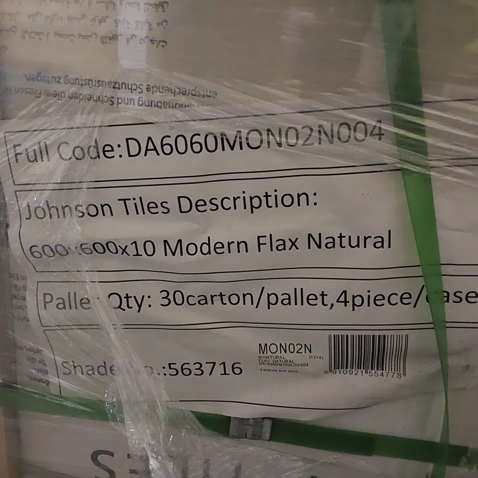 PALLET TO CONTAIN APPROX 30 X PACKS OF JOHNSON TILES MODERN FLAX NATURAL PORCELAIN FLOOR TILES - 4 TILES PER PACK // TILE SIZE: 600 X 600 X 10mm