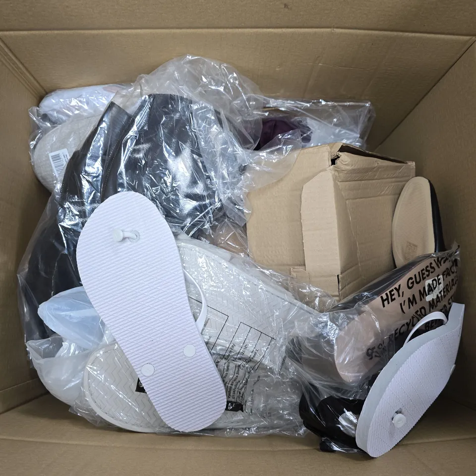 BOX OF APPROXIMATELY 12 PAIRS OF ASSORTED SHOES IN VARIOUS COLOUR, STYLES AND SIZES