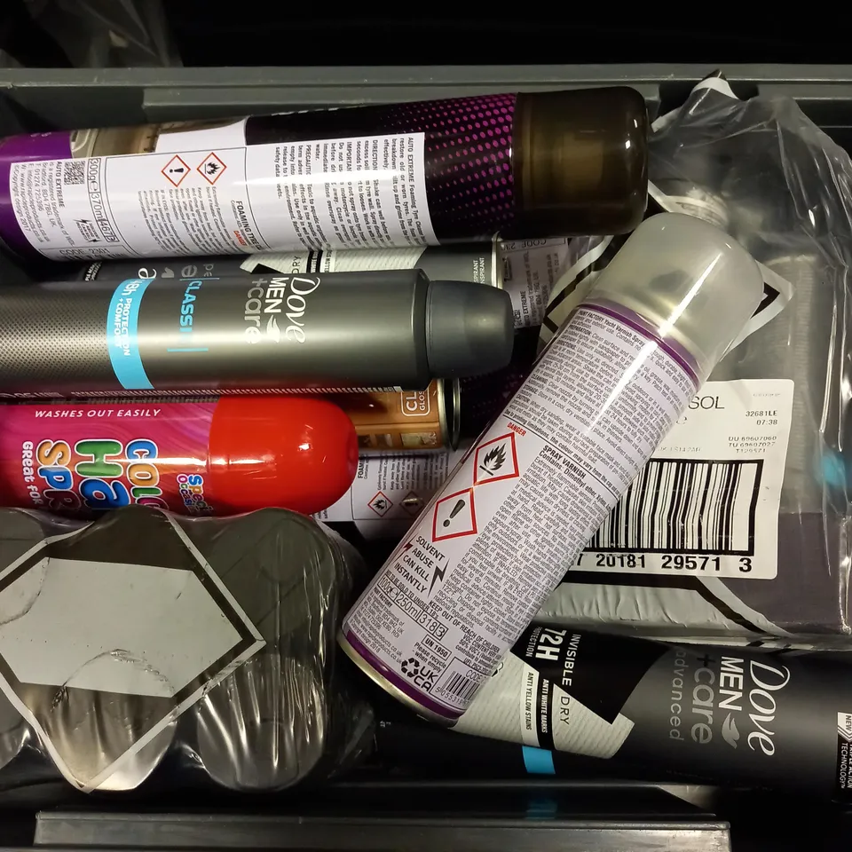 BOX OF APPROX 15 ASSORTED AEROSOLS TO INCLUDE DOVE MEN CARE, HAIR SPRAY, FOAMING TYRE CLEANER - COLLECTION ONLY