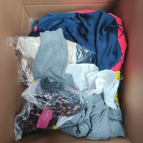 LARGE BOX OF APPROXIMATELY 25 ASSORTED CLOTHING ITEMS IN VARIOUS COLOURS, STYLES AND SIZES - COLLECTION ONLY