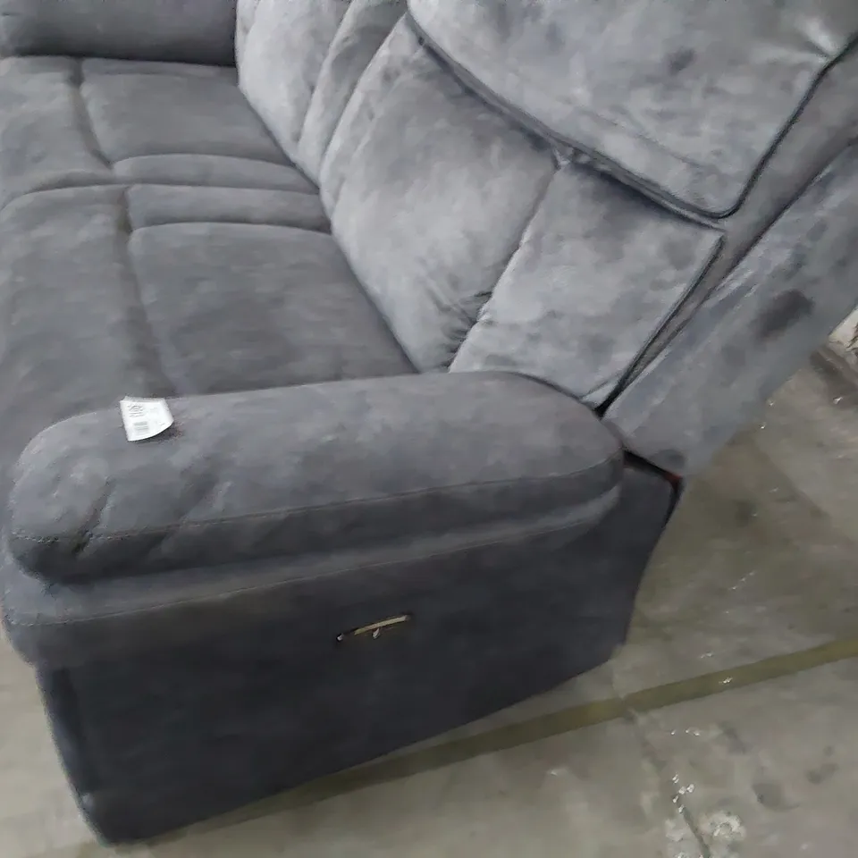 DESIGNER POWER RECLINING THREE SEATER SOFA CHARCOAL FABRIC WITH BLACK PIPING