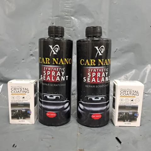 APPROXIMATELY 10 ASSORTED CAR PARTS AND ACCESSORY ITEMS TO INCLUDE PLASTIC PARTS CRYSTAL COATING, CAR NANO SPRAY SEALANT, ETC