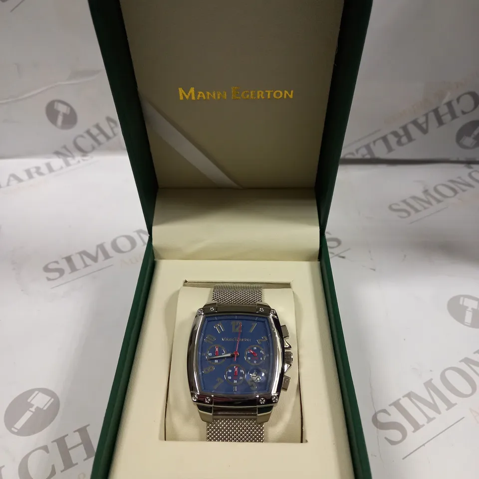 BOXED MANN EGERTON IMPACT STEEL BLUE DIAL MESH STRAP WATCH 