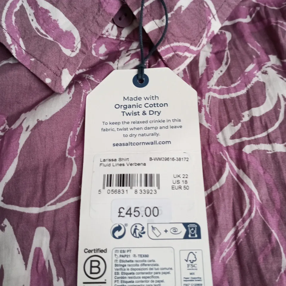 SEASALT CORNWALL THE LARISSA SHIRT – UK 22, ORGANIC COTTON TWIST & DRY, PURPLE PRINT