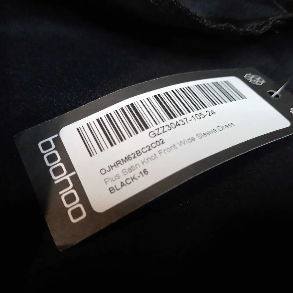 BOOHOO BLACK SATIN KNOT FRONT WIDE SLEEVE DRESS - SIZE 16