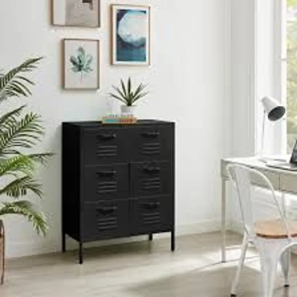 BOXED TEKSI BLACK METAL 6 DRAWER LOCKER CABINET SIDEBOARD