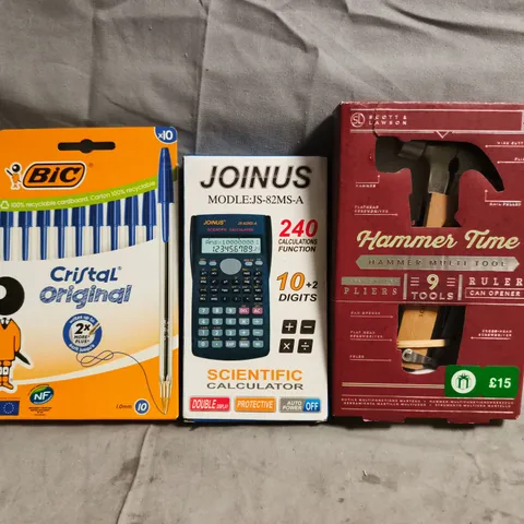 APPROXIMATELY 10 ASSORTED HOUSEHOLD ITEMS TO INCLUDE HAMMER MULTI-TOOL, JOINUS CALCULATOR, ETC