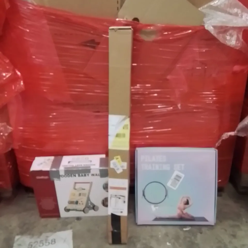 PALLET OF ASSORTED HOUSEHOLD GOODS AND PRODUCTS TO INCLUDE;WOODEN BABY WALKER,PILATES TRAINING SET,SLIMLINE HEATER