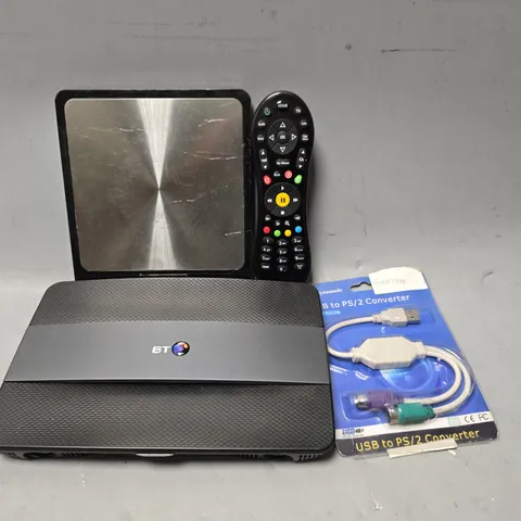 APPROXIMATELY 10 ASSORTED ITEMS TO INCLUDE - BT HUB , VIRGIN MEDIA REMOTE , SALTER KITCHEN SCALE ETC