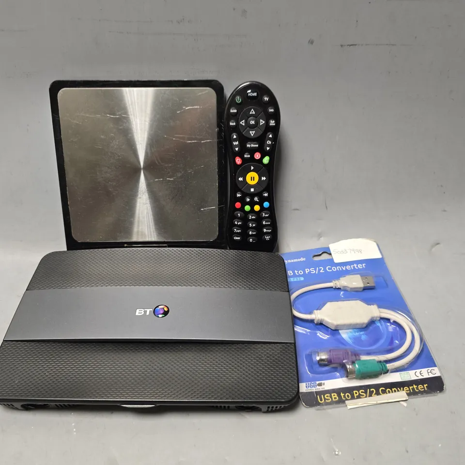 APPROXIMATELY 10 ASSORTED ITEMS TO INCLUDE - BT HUB , VIRGIN MEDIA REMOTE , SALTER KITCHEN SCALE ETC