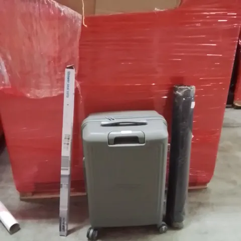 PALLET OF ASSORTED HOUSEHOLD GOODS AND PRODUCTS TO INCLUDE;SUITCASE,AREA RUG,SHOWER SEAL STRIP