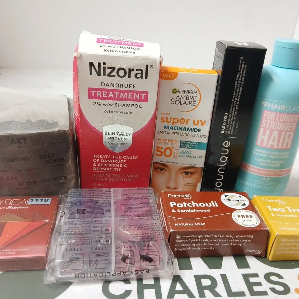 APPROX 12 ASSORTED BEAUTY PRODUCTS TO INCLUDE HAIRBURST SHAMPOO, YOUNIQUE BB TINTED MOISTURIZER, AKT BODY SCRUB, ETC