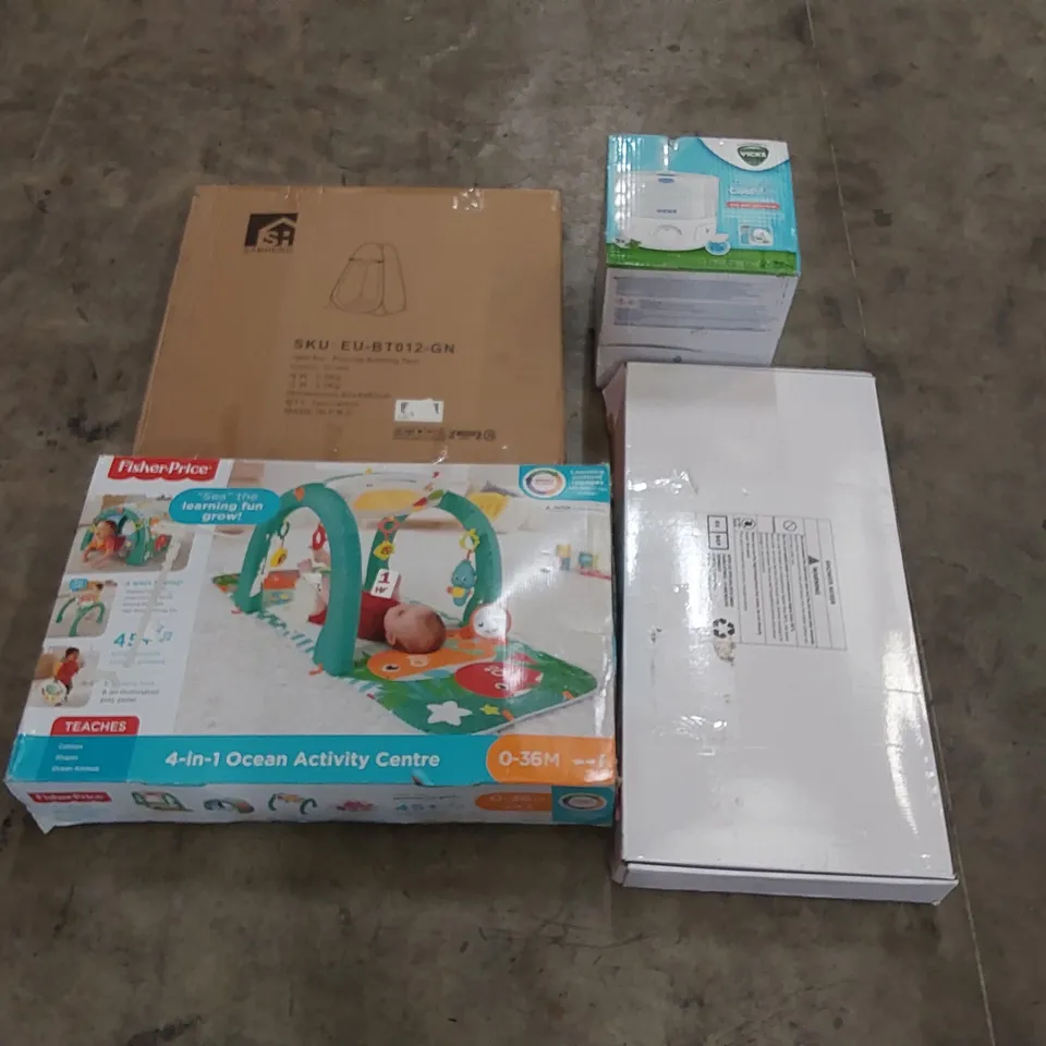PALLET OF ASSORTED HOUSEHOLD ITEMS AND CONSUMER PRODUCTS TO INCLUDE; POP-UP BATHING TENT, SHOWER MIXER, BABY ACTIVITY CENTRE, BOXED FURNITURE ETC 