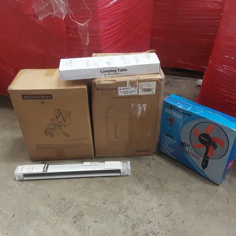PALLET OF ASSORTED ITEMS TO INCLUDE: SONARIN PRAM, PAPER SHREDDER, FAN, CAMPING TABLE, BLINDS ECT