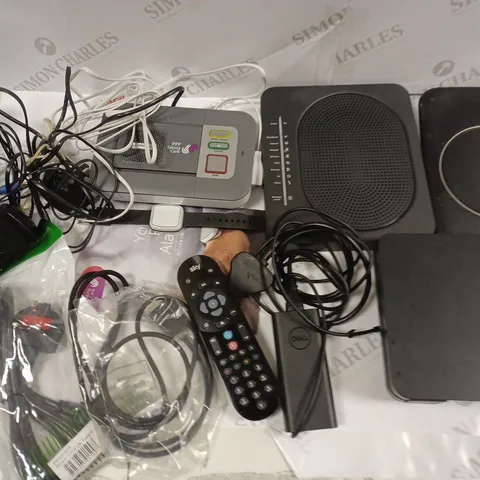 LOT OF ASSORTED TECH ITEMS TO INCLUDE VARIOUS ROUTERS, CABLE, CHARGERS AND TUNSTALL FALL SYSTEM