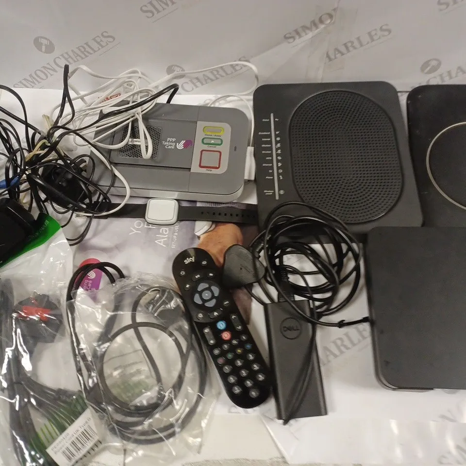LOT OF ASSORTED TECH ITEMS TO INCLUDE VARIOUS ROUTERS, CABLE, CHARGERS AND TUNSTALL FALL SYSTEM