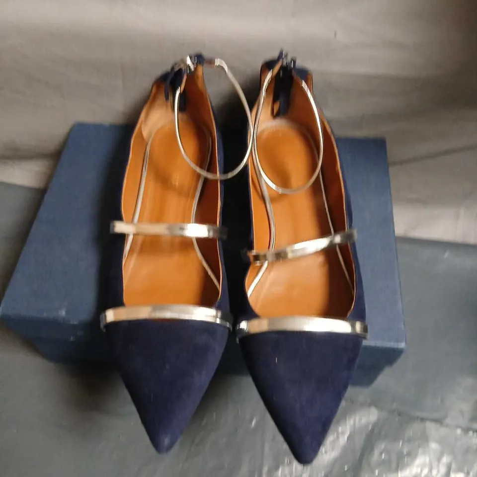 MALONE SOULIERS NAVY SUEDE POINTED-TOE FLATS WITH SILVER STRAPS, UK 6.5