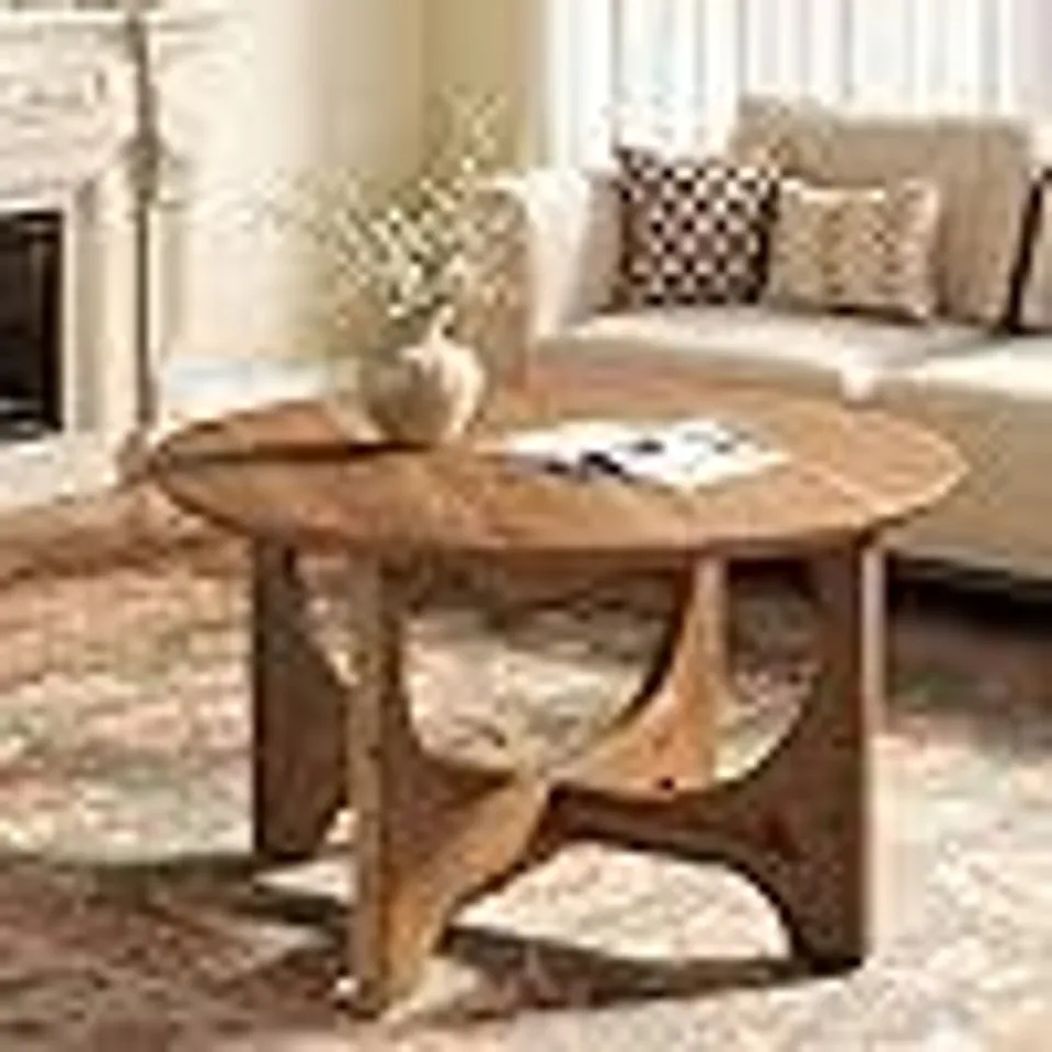 BOXED TRIBEWOOD 80CM SOLID WOOD ROUND COFFEE TABLE, SMALL SPACE, RUSTIC BROWN