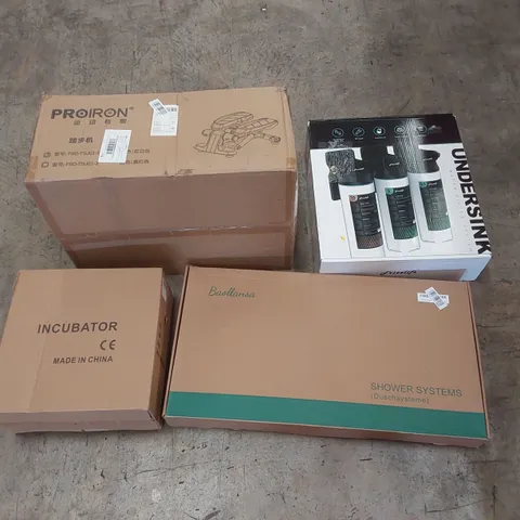 PALLET OF ASSORTED ITEMS INCLUDING: FITNESS STEPPER, SHOWER SYSTEM, UNDERSINK WATER FILTER SYSTEM, INCUBATOR ECT