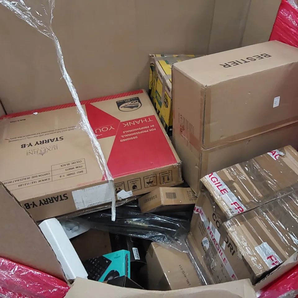 PALLET OF ASSORTED ITEMS INCLUDING: AIR FRYER, PLAYPEN, CHAIR,  FABRIC WARDROBE, AIR BED