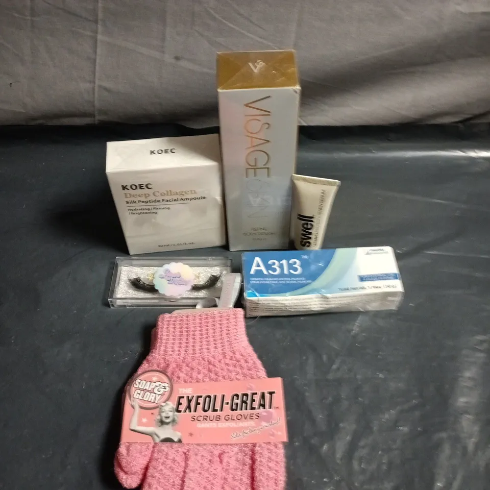 APPROXIMATELY 15 HEALTH AND BEAUTY PRODUCTS TO INCLUDE VISAGE BODY POLISH, A313 COSMETIC CREAM AND SOAP & GLORY SCRUB GLOVES