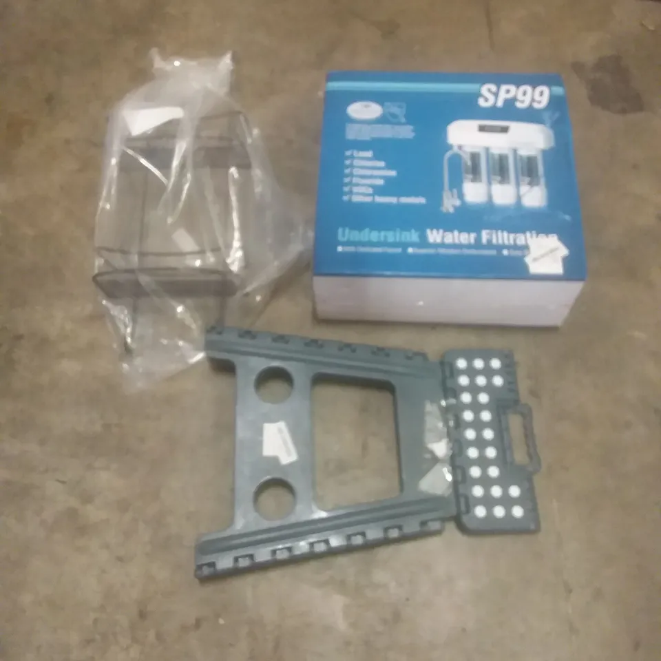 PALLET OF ASSORTED HOUSEHOLD PRODUCTS AND ITEMS, INCLUDING; FOLDING STEP, UNDERSINK WATER FILTRATION SYSTEM, BATHROOM HOOK SHELF UNIT, BOXED FURNITURE ETC