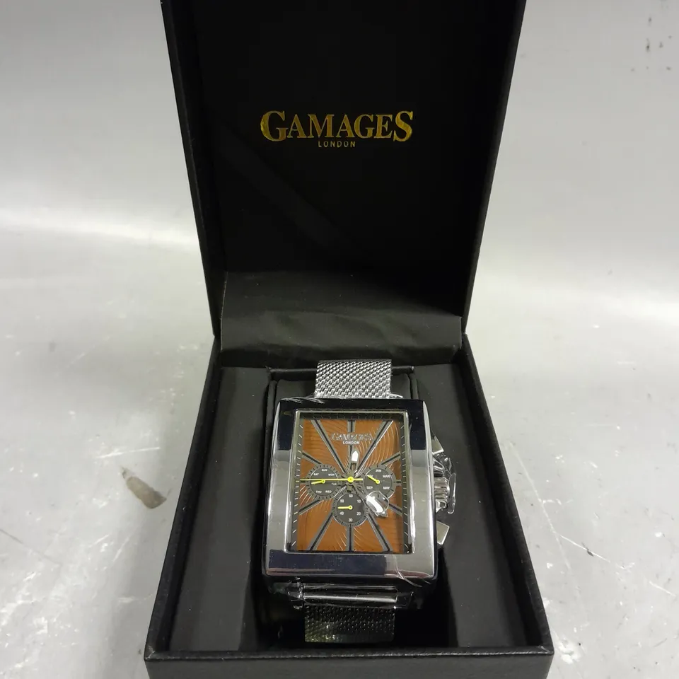 GAMAGES EXCLUSIVE BROWN DIAL STAINLESS STEEL CASE WATCH 