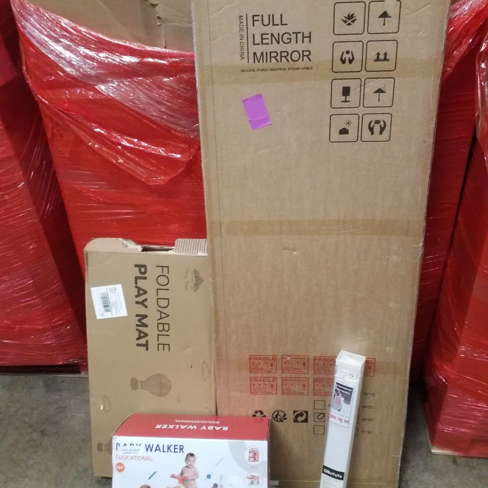 PALLET CONTAINING ASSORTED PRODUCTS INCLUDING FULL LENGTH MIRROR, FOLDABLE PLAY MAT, BABY WALKER & DAY AND NIGHT ROLLER BLIND