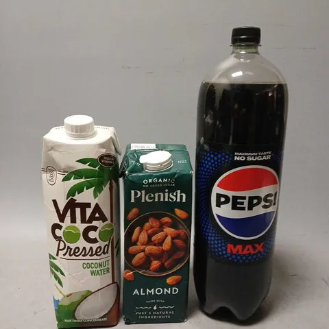 TOTE OF APPROX 4 ASSORTED FOOD ITEMS TO INCLUDE - PEPSI MAX 2L , PLENISH ALMOND , VITA COCONUT WATER