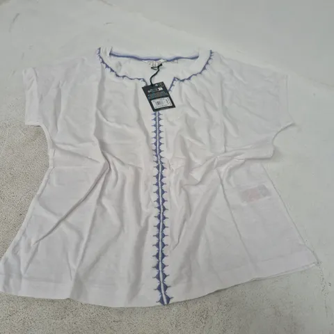 white stuff - UK 12 - White Embroidered Tee with Blue Trim