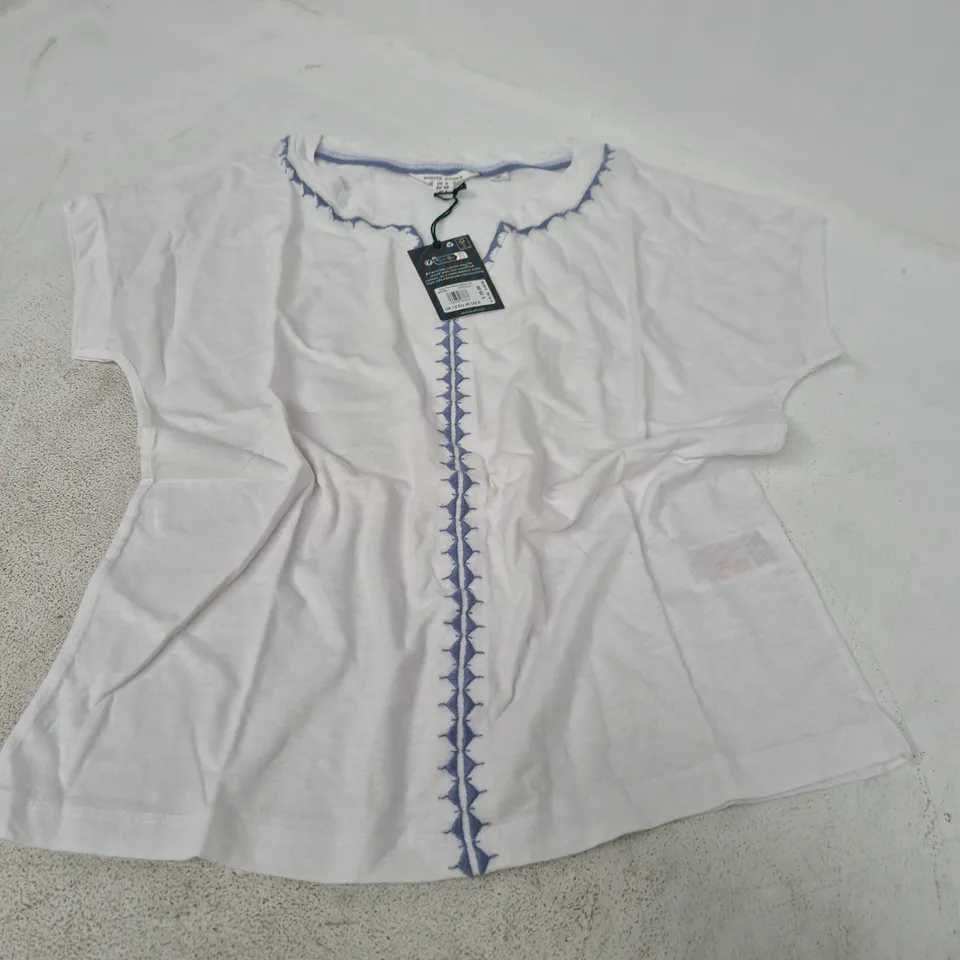 white stuff - UK 12 - White Embroidered Tee with Blue Trim