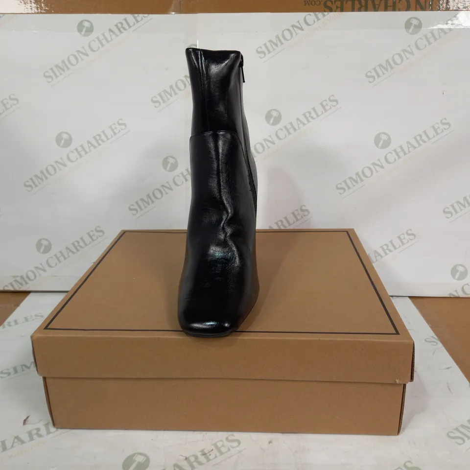 BOXED PAIR OF ASOS DESIGN EMBASSY HIGH HEELED ANKLE BOOTS IN BLACK UK SIZE 6