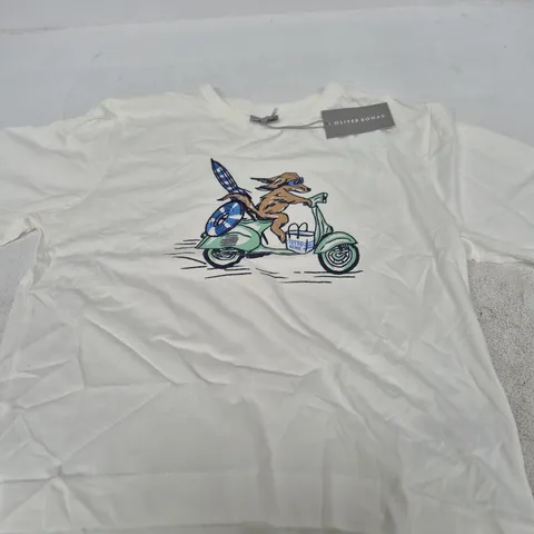 OLIVER BONAS WHITE T-SHIRT WITH DOG ON SCOOTER PRINT, UK 10