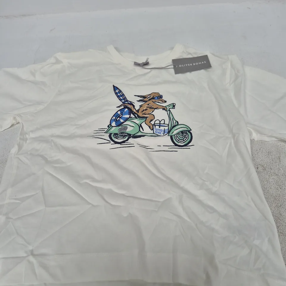 OLIVER BONAS WHITE T-SHIRT WITH DOG ON SCOOTER PRINT, UK 10