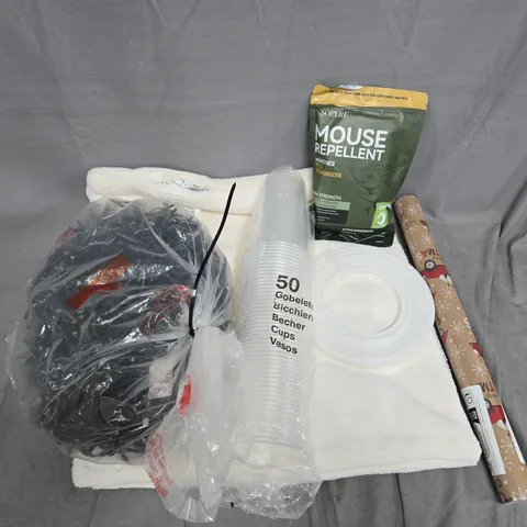 APPROXIMATELY 15 ASSORTED HOUSEHOLD PRODUCTS TO INCLUDE MOUSE REPELLENT, WRAPPING PAPER, CHRISTMAS LIGHTS, ETC