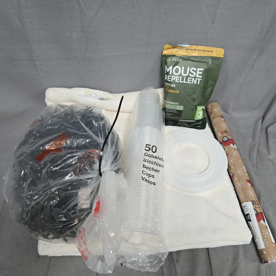 APPROXIMATELY 15 ASSORTED HOUSEHOLD PRODUCTS TO INCLUDE MOUSE REPELLENT, WRAPPING PAPER, CHRISTMAS LIGHTS, ETC