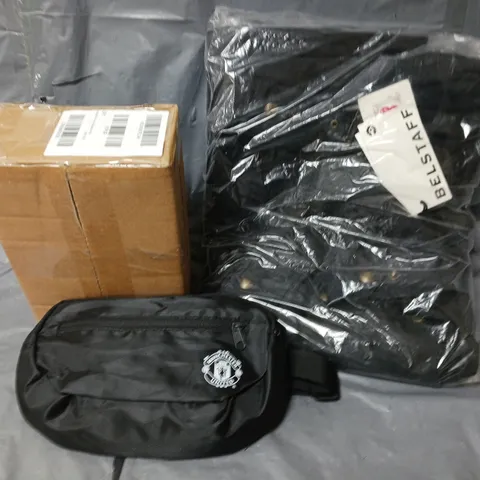 APPROXIMATELY 5 ASSORTED ITEMS TO INCLUDE MANCHESTER UNITED BAG, BELSTAFF FIELDMASTER WAX JACKET IN NAVY, TREE ORNAMENTS, ETC