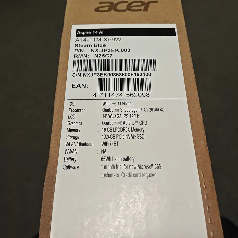 BOXED ACER ASPIRE 14 AI SNAPDRAGON 16GB RAM LAPTOP IN STEEL BLUE - N25C7